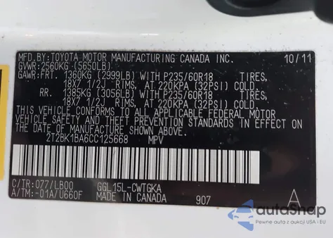 2012 Lexus Rx 350 from USA, damaged, VIN 2T2BK1BA6CC125668